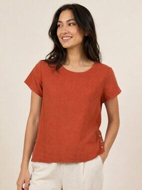 Cynthia Rowley 100% Linen Short Sleeve Rust Orange Top Cottagecore Size Small